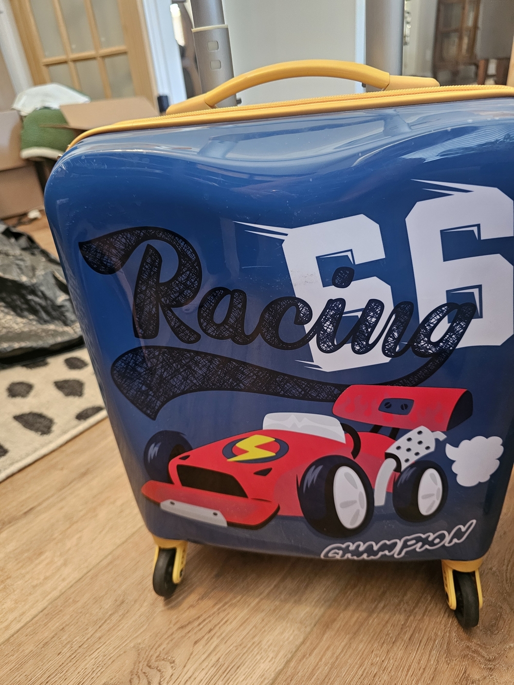 Kids Blue Racing Carry-On with Yellow Handle
